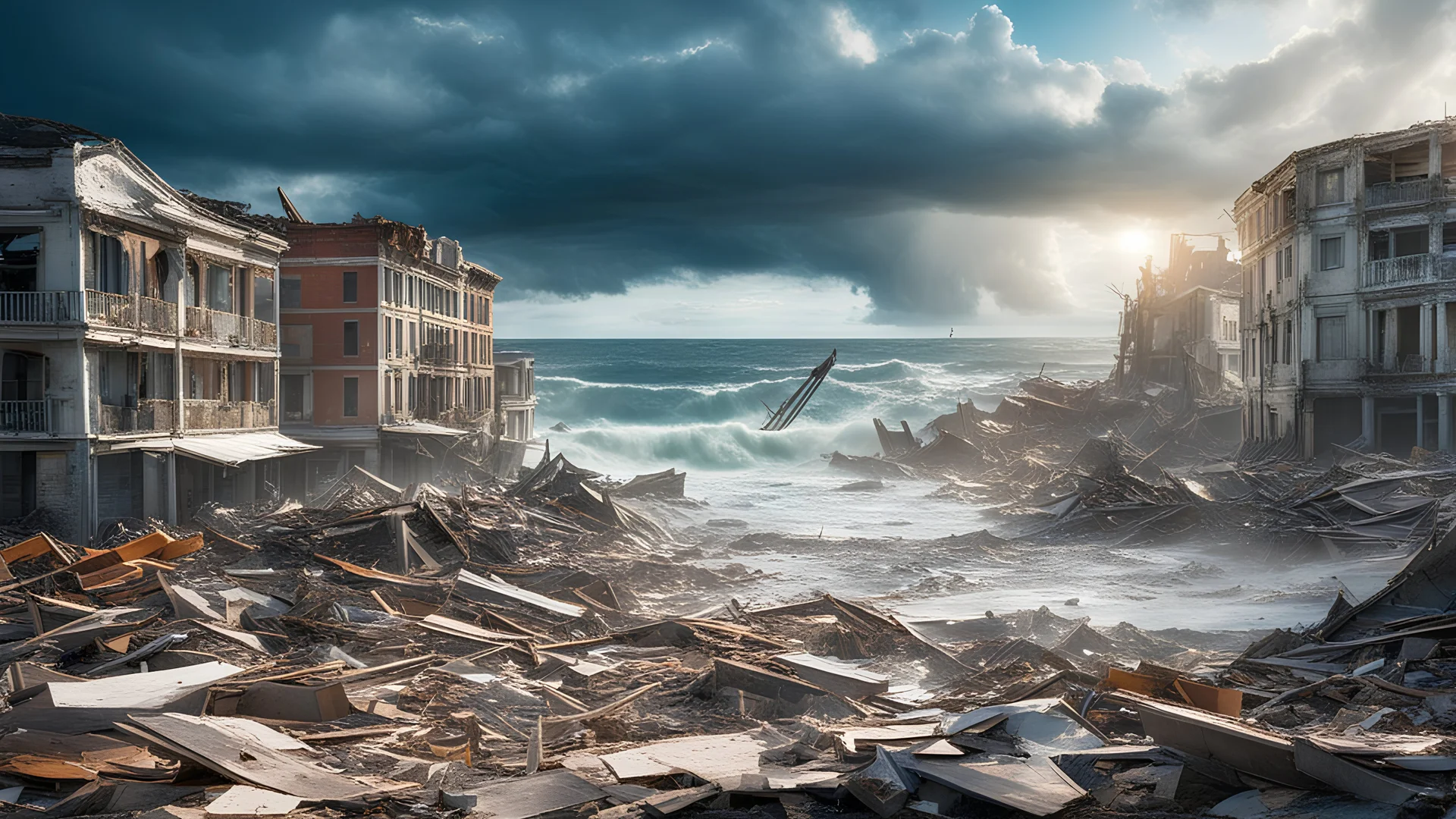 Climate change. A coastal town in ruins after a massive hurricane. Buildings are demolished, debris litters the streets, and rescue workers search for survivors amidst the wreckage. The ocean roars ominously in the background. Beautiful award-winning photograph, shocking, rule of thirds, balanced delightful composition, perfect lighting, superb detail, 16k render