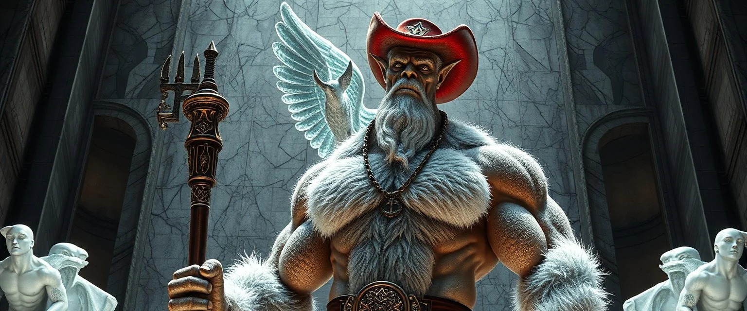 ogre cowboy brilliant detailed full figure portrait disco glittery fluffy muscle man dino anime in the style of Escher and Giger in front of dented marble tower of transparent glass dove statues