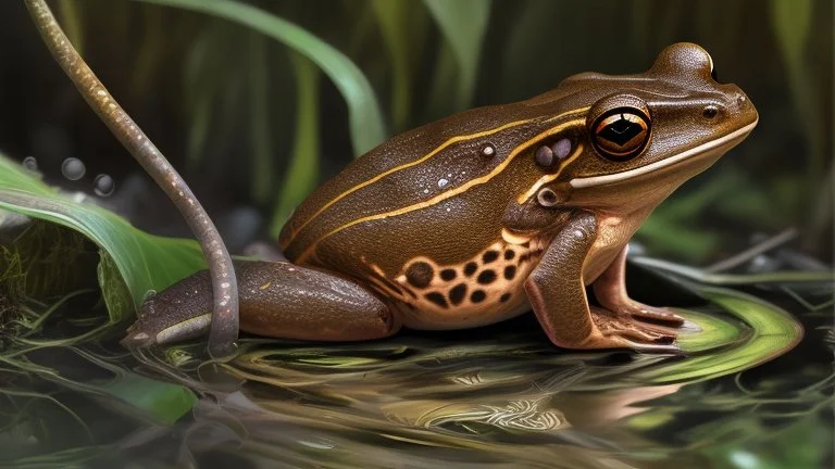 stylized and happy young brown frog with black stripes in its natural habitat at sunset, plain with wetlands, ravines, river with water hyacinth, ceibos and willows, dragonflies, beetles, dewdrops, digital art