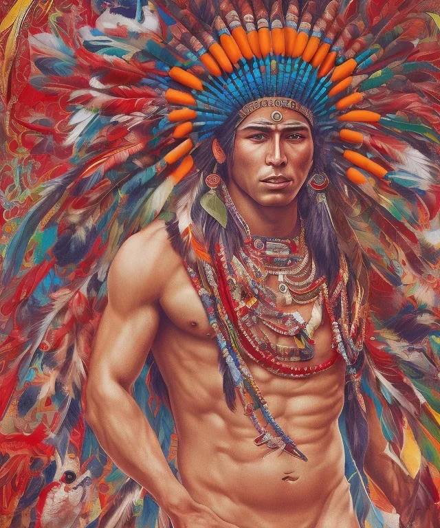 Guaicaipuro, native american god, 30 years old, Muscular warrior, red feathers headdress, shirtless, fearce look