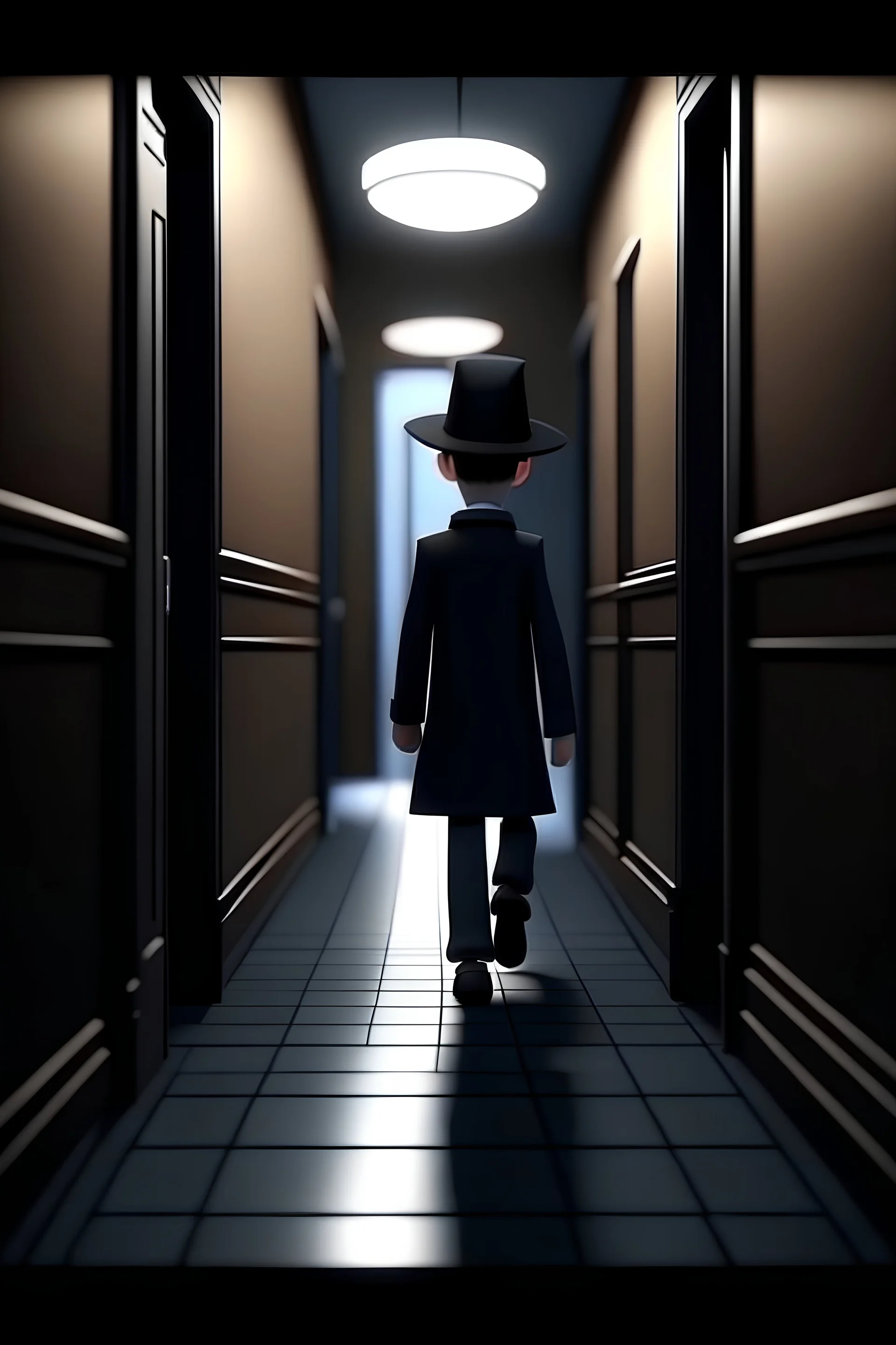 Seorang anak laki-laki berbaju hitam, bertopi hitam, berkacamata dan bersepatu, berjalan di lorong, 3D animation