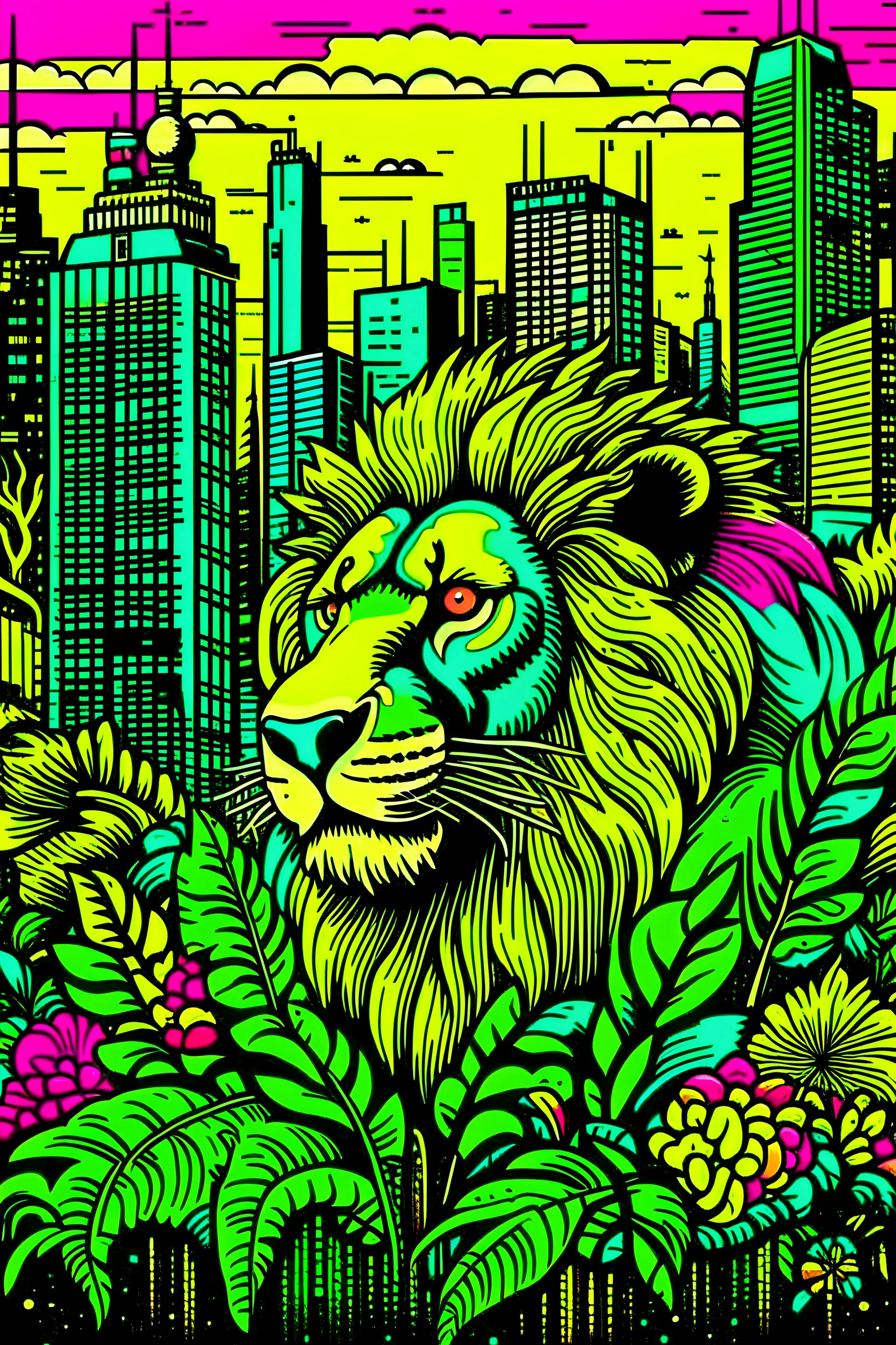 pop art, city, jungle, lion