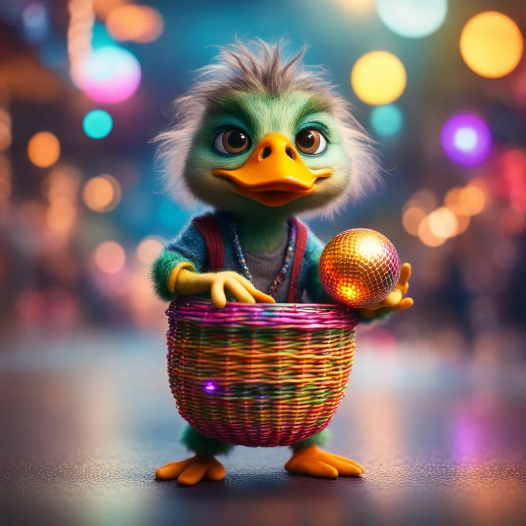 Ingvild Ringen as hairy groove funk ninja duck gremlin hippie holding disco ball like a basket ball,bokeh like f/0.8, tilt-shift lens 8k, high detail, smooth render, down-light, unreal engine