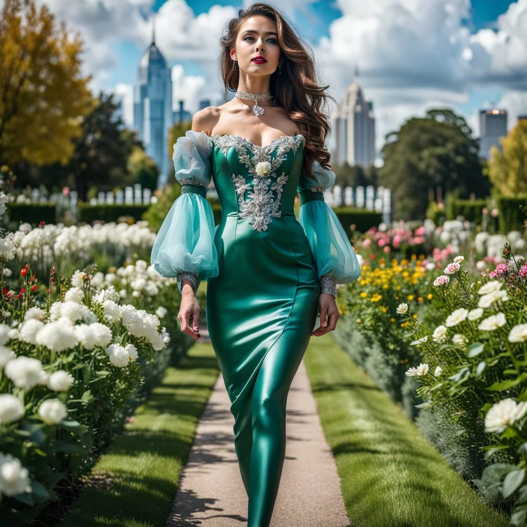 fullbody girl makeup wearing a dark green-silver victorian short dress walking in moder city of 2040 park ,flowers ,pretty clouds in blue sky,city escape.