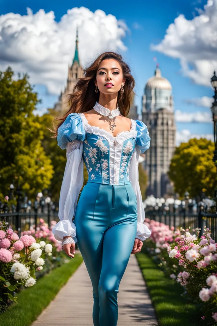 fullbody girl makeup wearing a victorian top and tight pants walking in moder city of 2040 park ,flowers ,pretty clouds in blue sky,city escape.