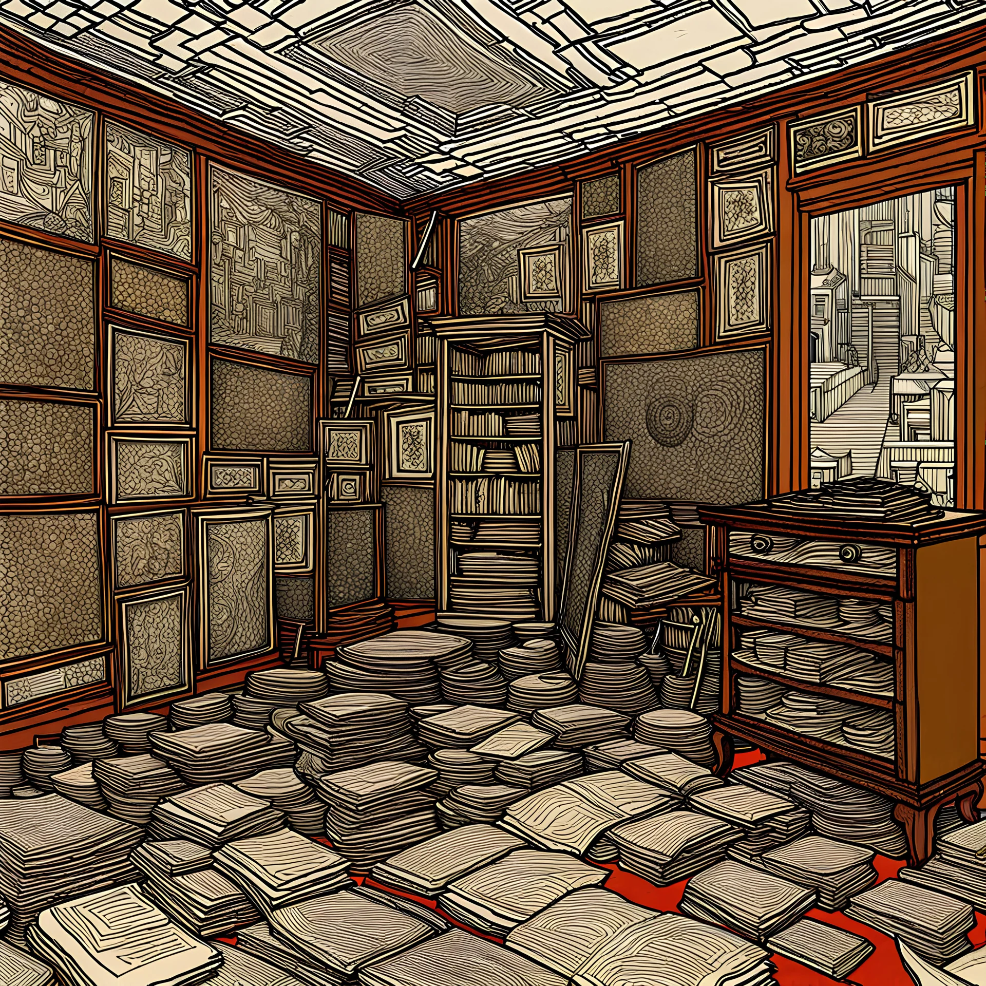 Colourful, peaceful, Egon Schiele, Max Ernst, Vincent Van Gogh, dark tower room, alos of items on the ground, one-line drawing, sharp focus, 8k, deep 3d field, intricate, ornate