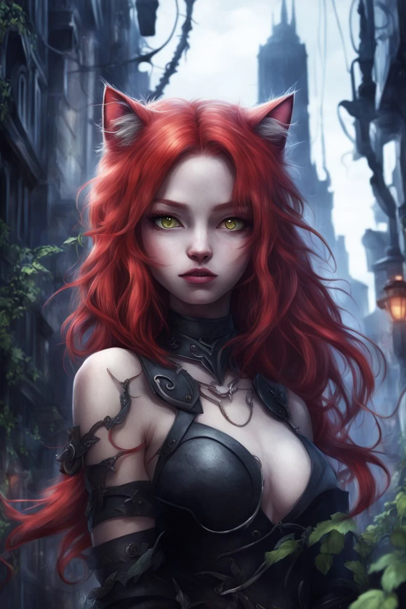 CAT GIRL, FANTASY, VINES, SOULLESS, FLUFFY TAIL, RED HAIR, METAL, CITY