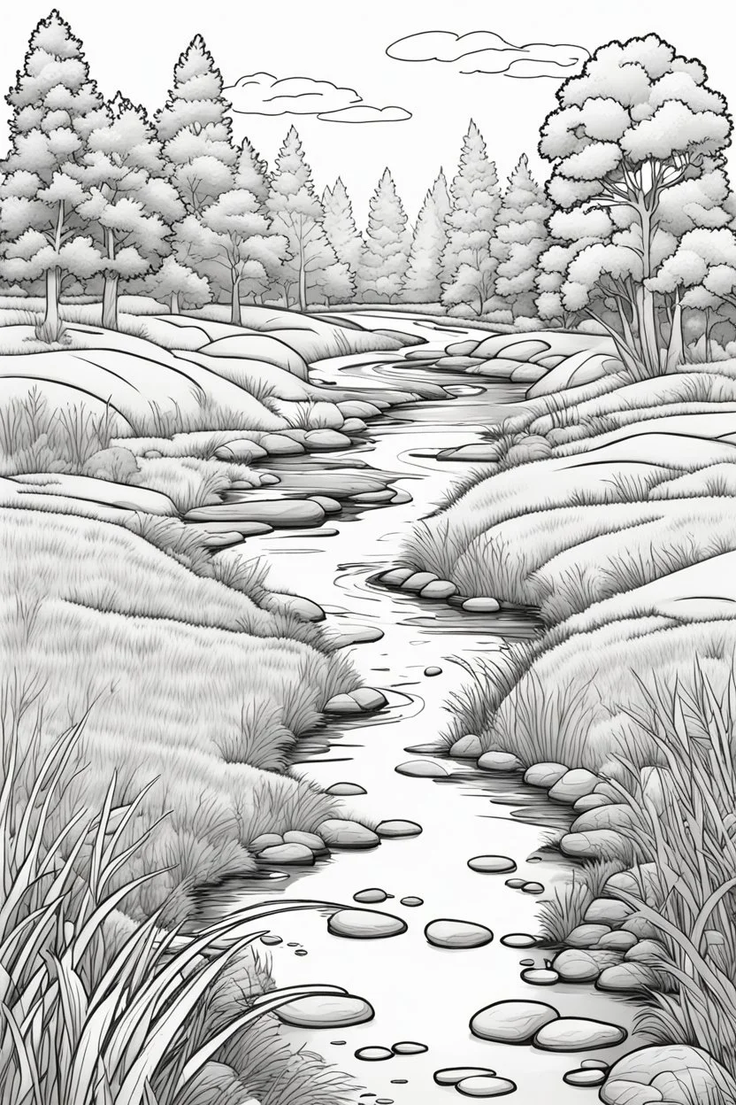 coloring page, creek through a meadow, cartoon style, thick lines, low detail, no shading