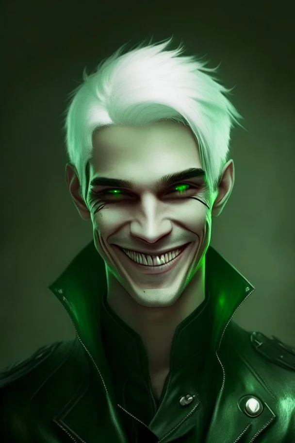 plauge doctor in balck leather clothes with silver hair, pale skin and bright green eyes smiling with sharp teeth, nice young face