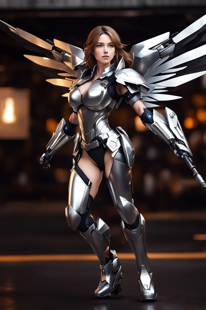 Front view excited realistic HD photograph,angel mechines,realistic photo beautiful anime digital human anime woman,full body,mechanical armor silver chromecast shine.style: details digitalphoto