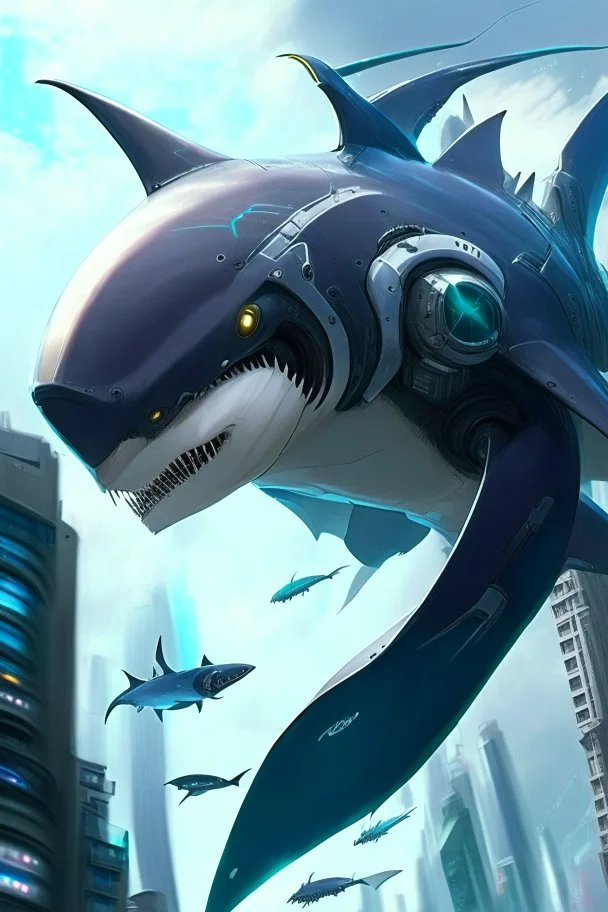 a picture of cyber shark that is flying in the city, cyborg whale, anno 2070, modern mecha anime, aeromorph, stunning sci-fi concept art, male robotic anthro orca, robotic anthro dolphin, cgsociety ), mecha anthropomorphic penguin, from arknights, cool mecha style, futuristic art style, mecha art