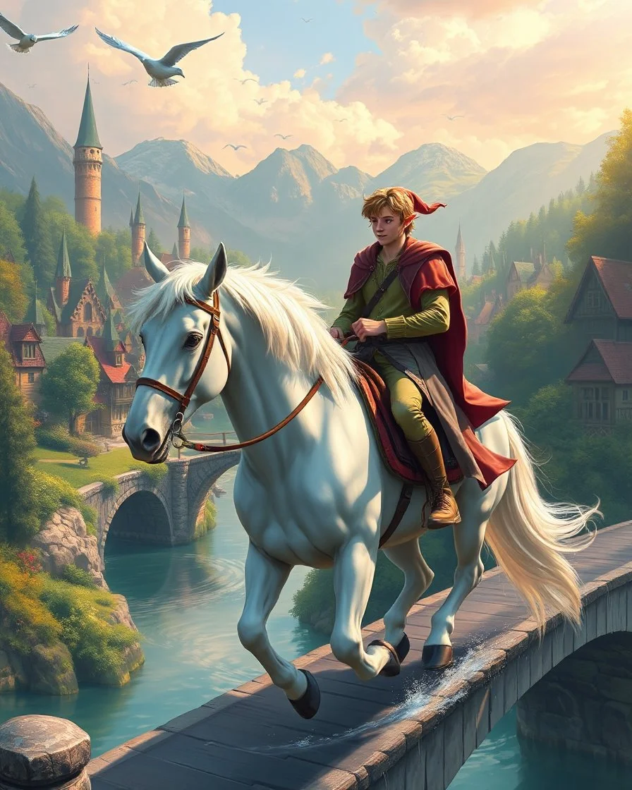 Handsome Prince elf riding white horse on end up beautiful bridge,birds flying,rivendell village background vibrant colors