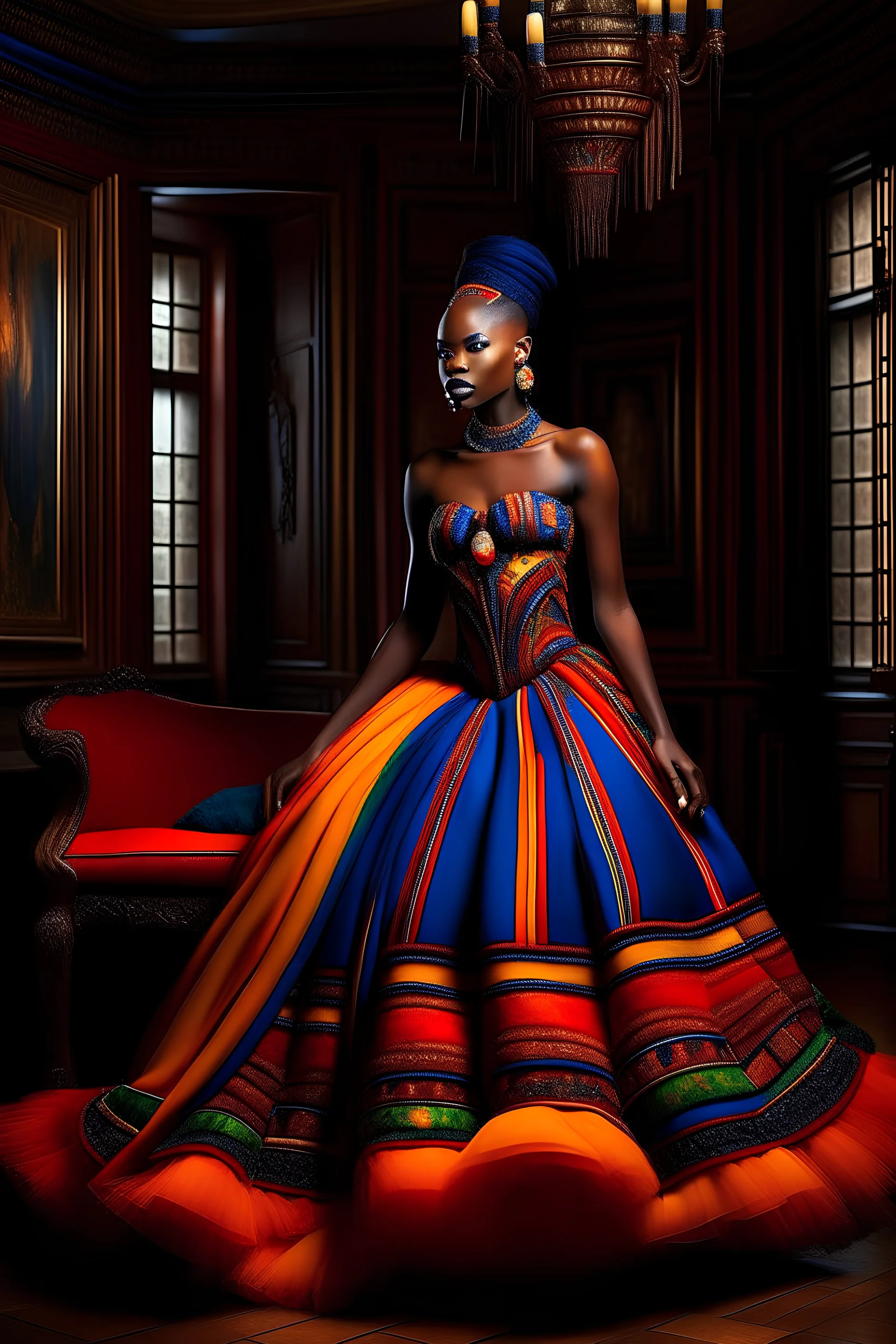 Maasai Princess Ballgown: A voluminous ballgown featuring layers of tulle or silk, with a fitted bodice embellished with Maasai beadwork and traditional colors.