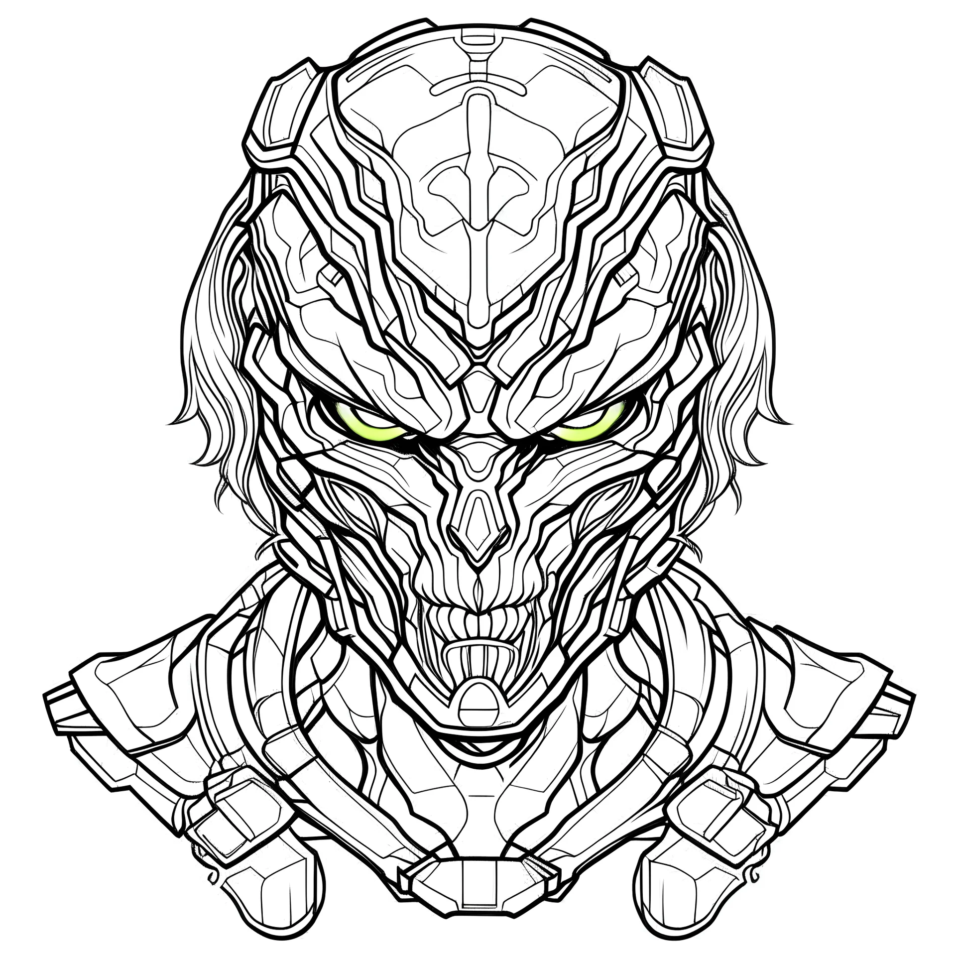 outline art for square predator bust coloring page for kids, classic manga style, anime style, realistic modern cartoon style, white background, sketch style, only use outline, clean line art, no shadows, clear and well outlined