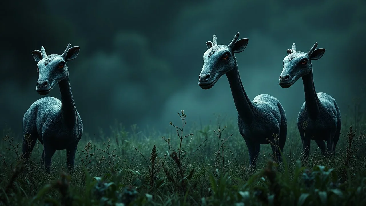 A dark fantasy, scifi theme, from four herd of gentle herbivorous creatures with long necks, one large central eye little two ears on head and a separate small, soft herbivore mouth, rounded bodies and dark gray-green skin, standing in a misty grassy landscape with deep colors and many plants,. Curious, slightly uncanny expressions, photorealistic, cinematic atmosphere, realistic skin texture.