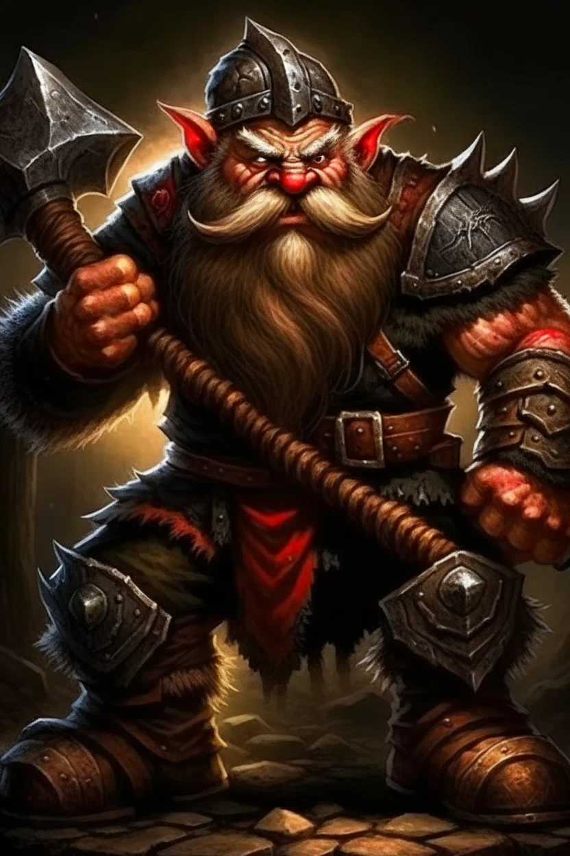 gnome warrior enraged fury berserker fantasy barbarian armored wild savage angry axes cleaver attack striking