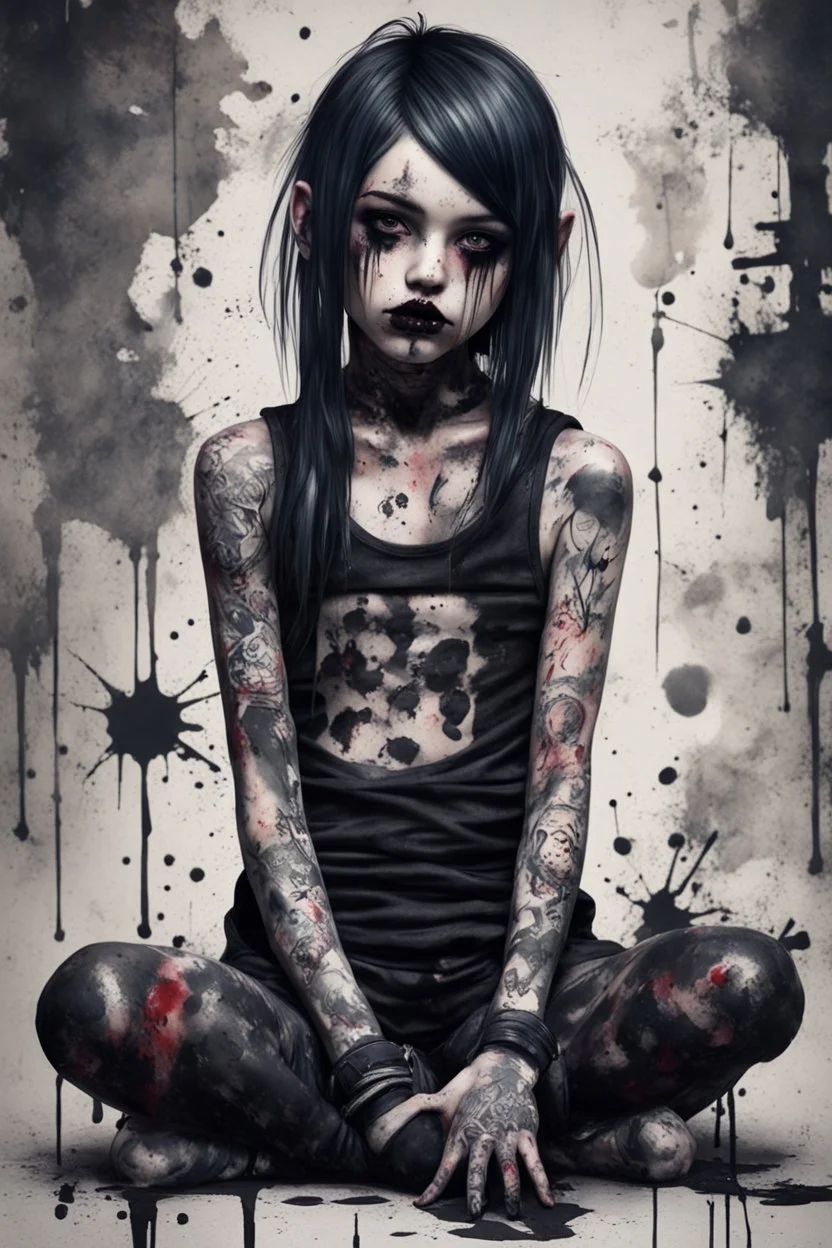 Petit girl goth many tattoos on his body, fullbody, lying pose, style texture paint splashes and streaks and blotches industrial