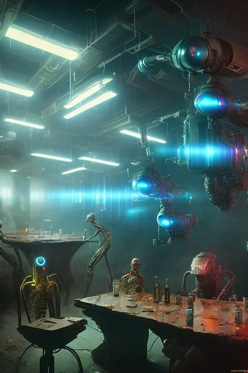 post-apocalyptic robots in a cyberpunk bar, digital art style. fantasy, volumetric lighting, particales,highly detailed, wide shot, cinamatic, Zack Snyder stlye, deep colours,