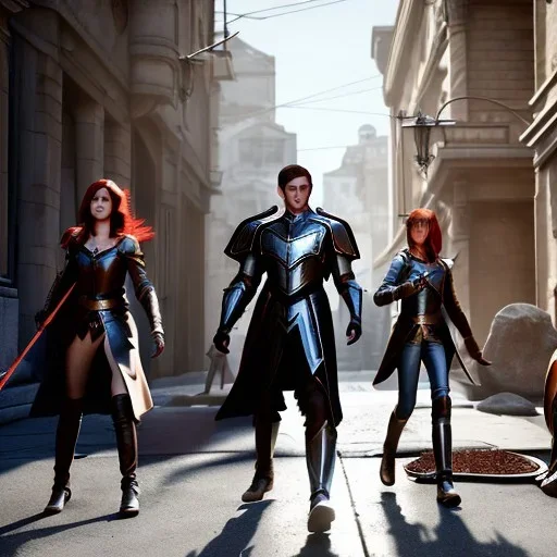 Three young teenagers with red hair, outside city guild hall, magic, spellcasting, leather armor,fantasy adventure, photorealistic, pristine,