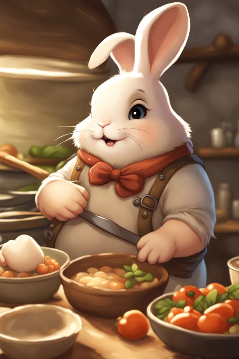 Cute chubby bunny boy floppy ears adventurer dnd cooking art realism