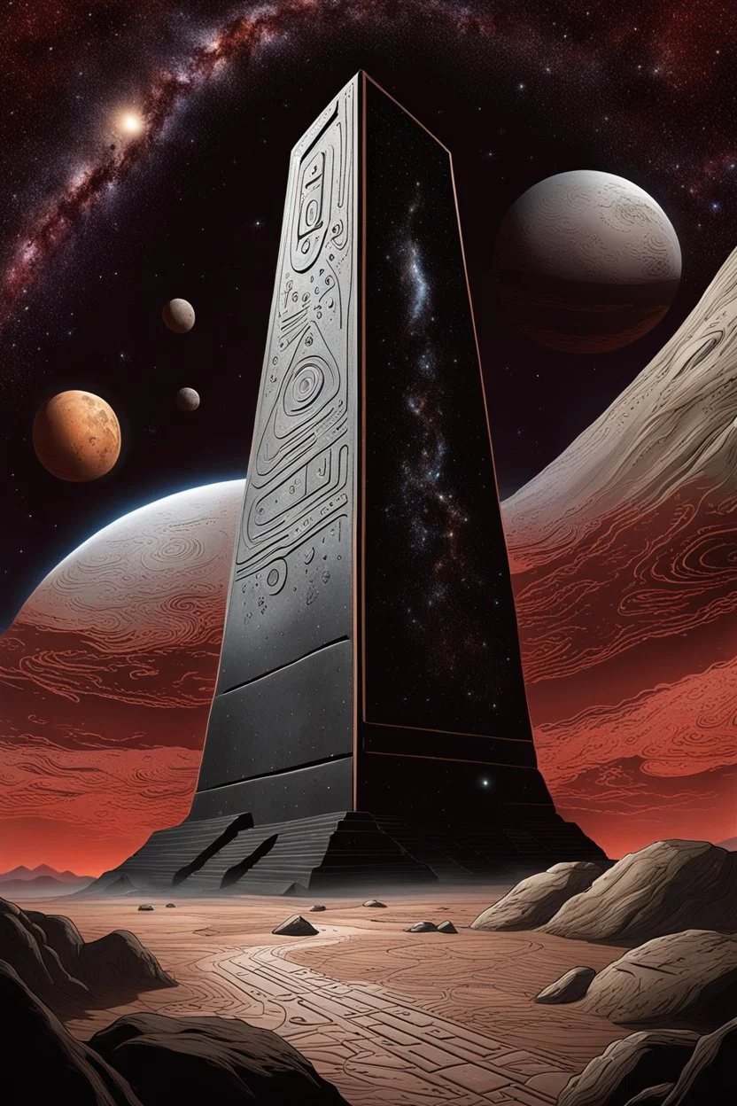 On the barren, red surface of Mars, a towering black monolith made of polished marble stands proudly against the backdrop of the vast and starry galaxy. The monolith carved with intricate alien hieroglyphs and strange designs glow with an pale light. detailed, sharp focus, masterpiece