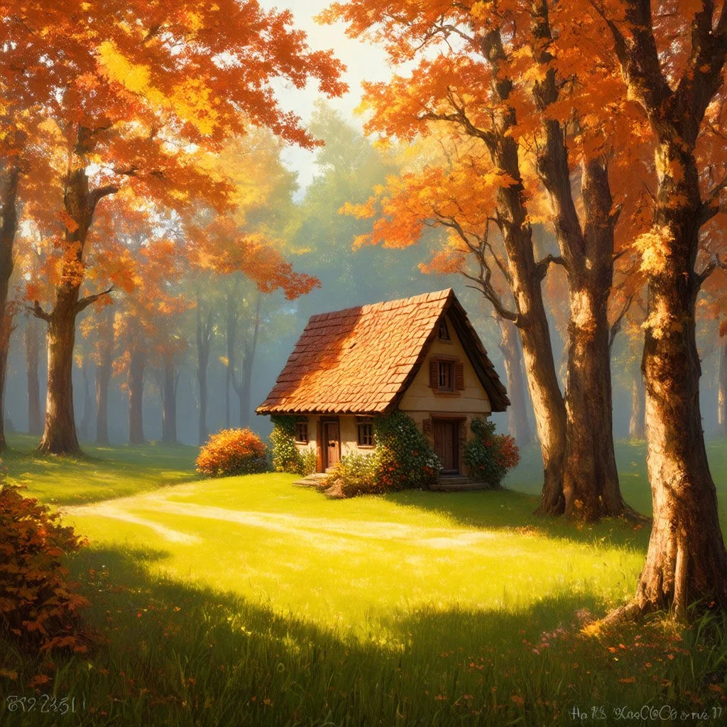 fairytale mood, autumn, a forest clearing with a lovely cottage