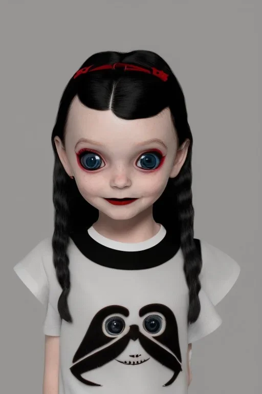 Wednesday Addams toddler, tshirt, full body, jump, bokeh, hyper realistic