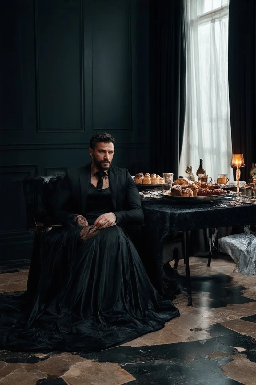 "prompt": "A dark, moody, surreal scene of a rugged auto mechanic at a decadent high tea. Instead of workwear, he now wears a flowing, high-fashion silk gown — glossy black with crimson undertones, draped dramatically yet smeared with streaks of oil and dust. BALL gown clings to his BUFF muscular frame while long folds cascade onto the cracked marble floor. He sits at a grand, candlelit tea table covered in black velvet, where tarnished silver trays hold eerie pastries, shattered porcelain cups