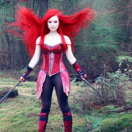 fairy with red hair and armor fights an eating disorder