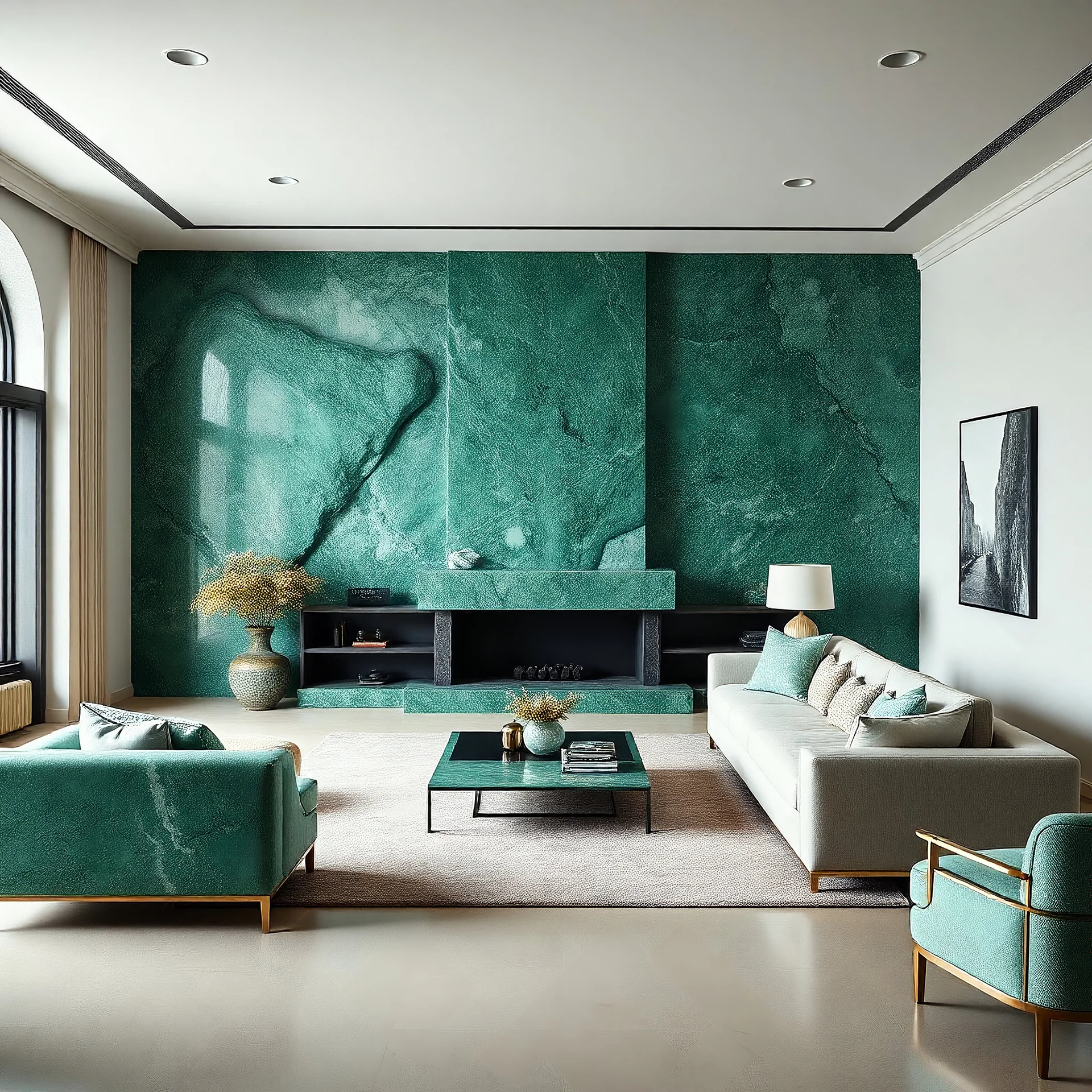 Photograph of a living-room, glossy malachite stone rises from the inside of the room, details of the malachite very accentuated, brutalist style, aftermath, powder, pastel colors, shot on Hasselblad, minimaximalist, detailed, 8k, museum, deep 3d field