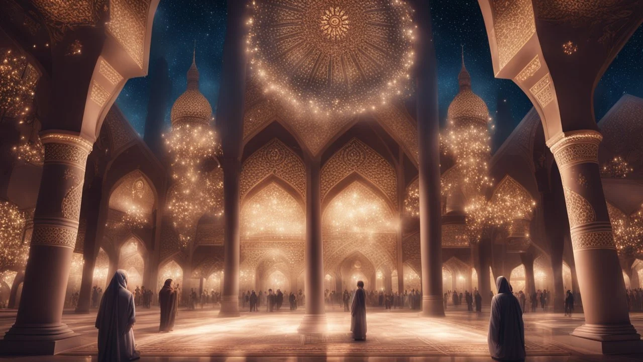 Hyper Realistic people worshiping inside Beautiful-Grand-Brown-Decorated-Mosque with Beautiful-Lightings-Decorations at night with stars on sky & beautiful trees