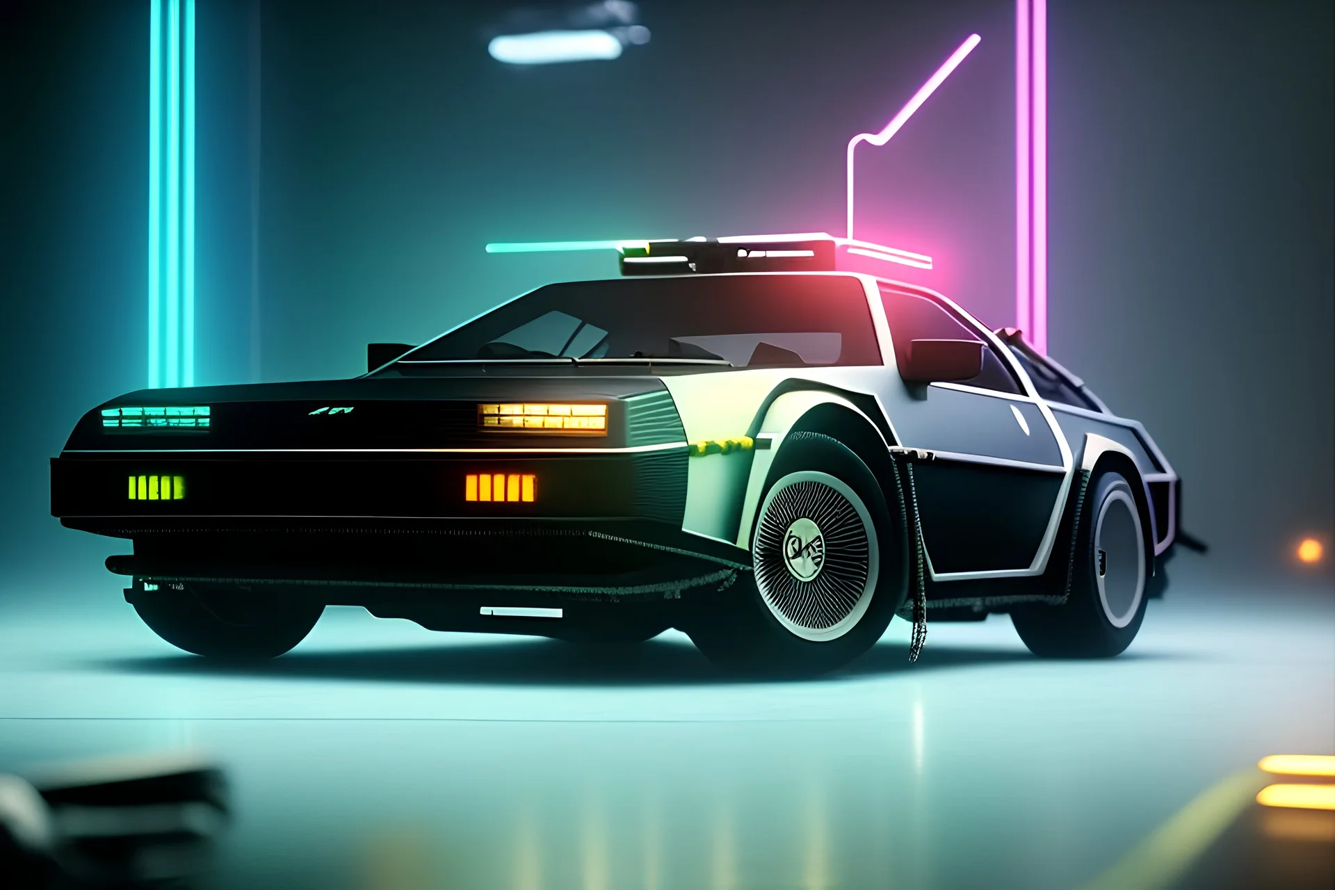 cyberpunk army DeLorean,cyberpunk 2077,center composition, ultra realistic,shiny, smooth, studio quality, octane render, Surrealism, Triadic colour scheme,glow-stick, ambient lighting,nightclub lighting, polaroid, 100mm, --ar 1:1 --v4