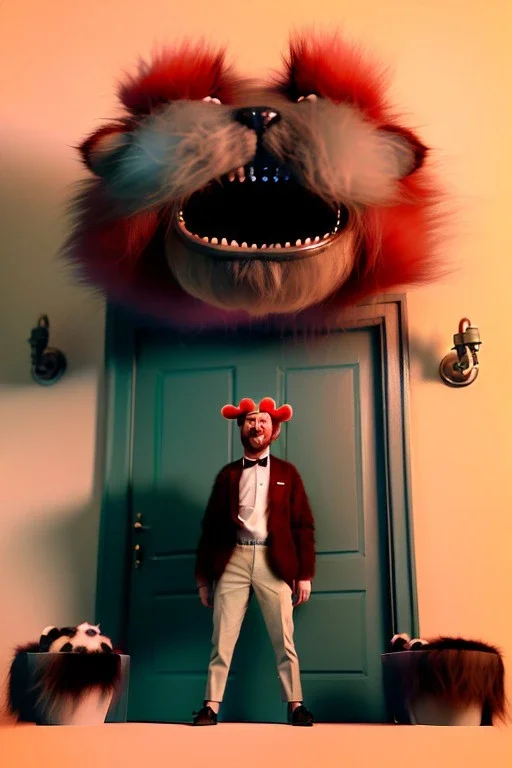 realistic open closet with furry monster inside. Wes Anderson style. Red hair, smile, happy, gradient color fog. highly detailed, concept art, unreal engine 5, ray tracing, RTX, lumen lighting, ultra detail, volumetric lighting, 3d, finely drawn, high definition, high resolution.