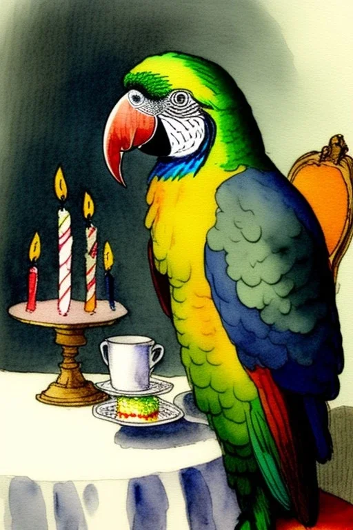 Parrot wearing jarmulke is sitting at a table with a birthday cake. Watercolour