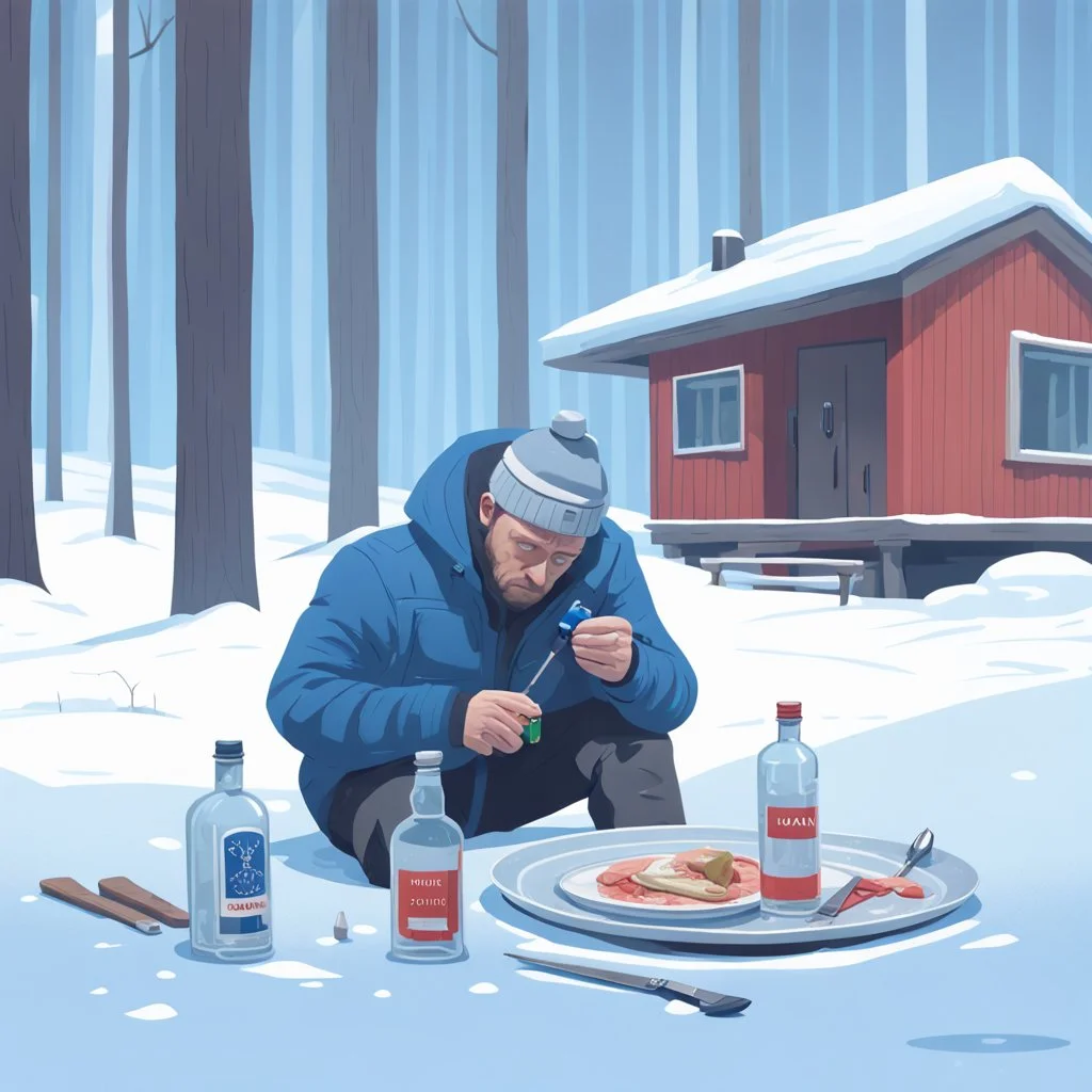 a sad depressed Finnish man with his empty plate, outside his house in the forest, Winter, snow, very cold, Finnish flag at half way up, Finnish flag, a bottle of Vodka in his hand, knifes and sauna, Simon Stålenhag style, lying empty vodka bottles on ground