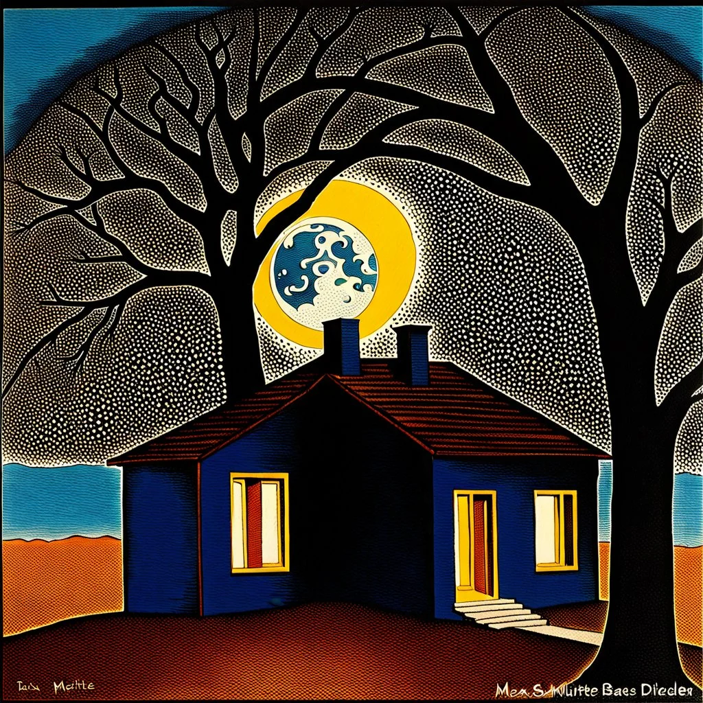 A lone house with trees and a moon René Magritte Max Ernst pointillism decal bas-relief expressionism