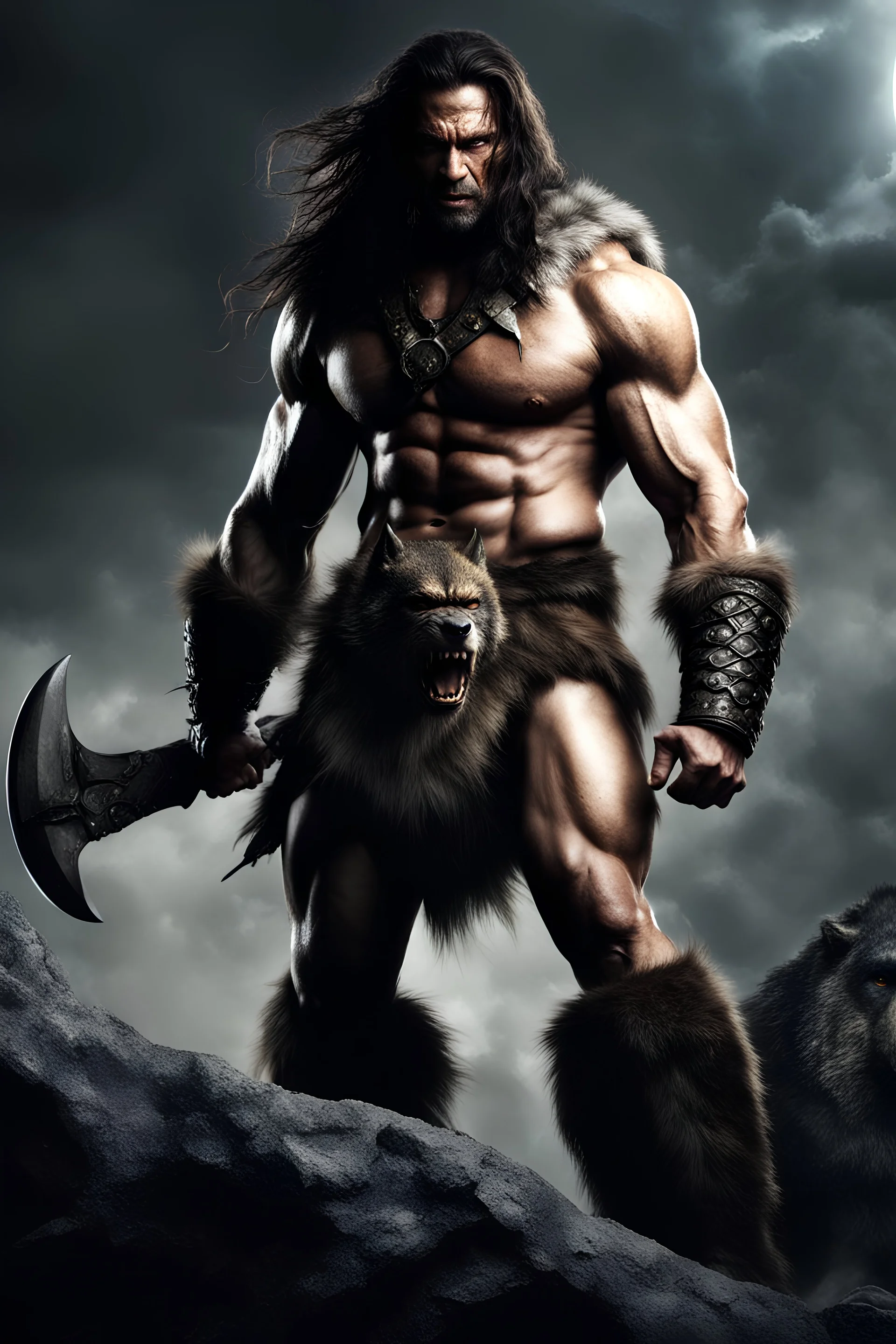 inspired by all the works of art in the world - laughing - Conan the Barbarian standing in front of a giant werewolf, full body image, Absolute Reality, Reality engine, Realistic stock photo 1080p, 32k UHD, Hyper realistic, photorealistic, well-shaped, perfect figure,