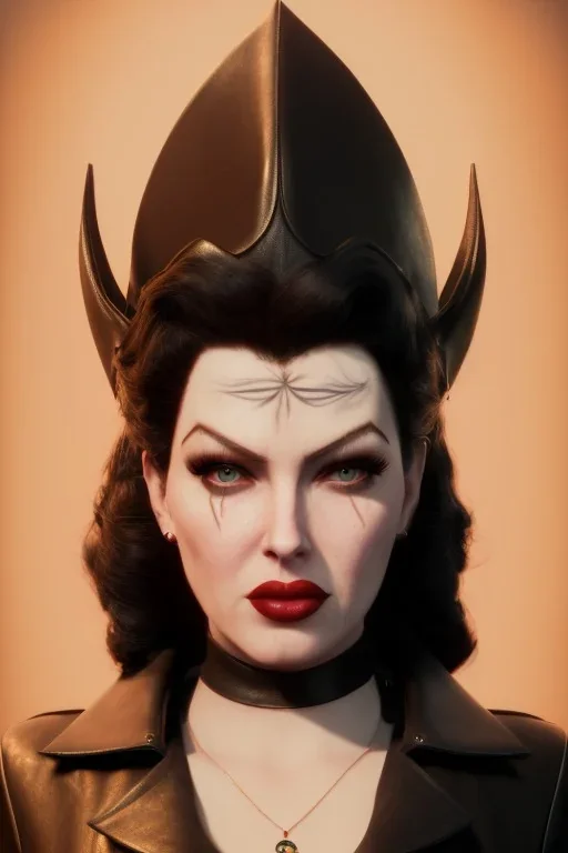 Lana Turner as evil queen in black leather, leather, busty, cleavage, angry, stern look. character design by cory loftis, fenghua zhong, ryohei hase, ismail inceoglu and ruan jia. unreal engine 5, artistic lighting, highly detailed, photorealistic, fantasy