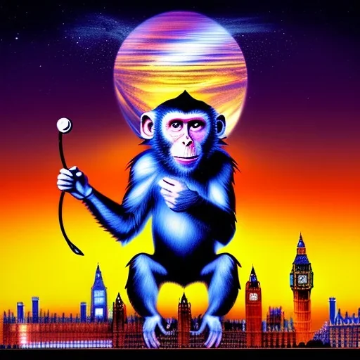 A monkey playing the drums, london skyline at night, in the style of Salvador Dali