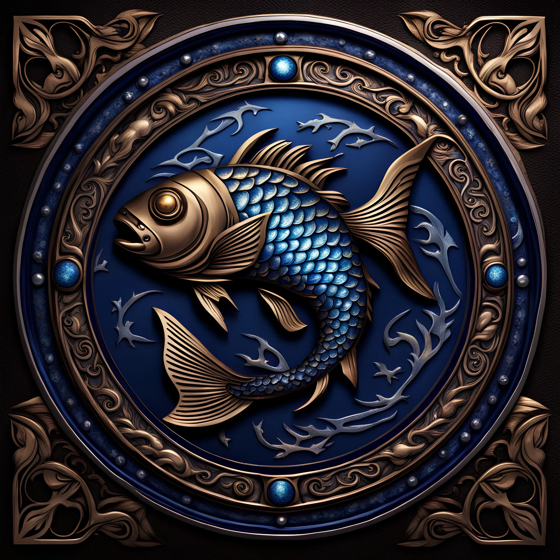 Create an image of a beautiful, ornate metallic Pisces zodiac symbol (♓) in the center, with two fish curved around it in a circular manner. The fish on top is bronze with detailed hues of blue, silver, and gold on its scales, pointing to the right, while the bottom fish is silver, pointing to the left, also with detailed hues of blue, silver, and gold on its scales. The background features a fusion of astrology and steampunk elements, including old star maps, golden celestial bodies