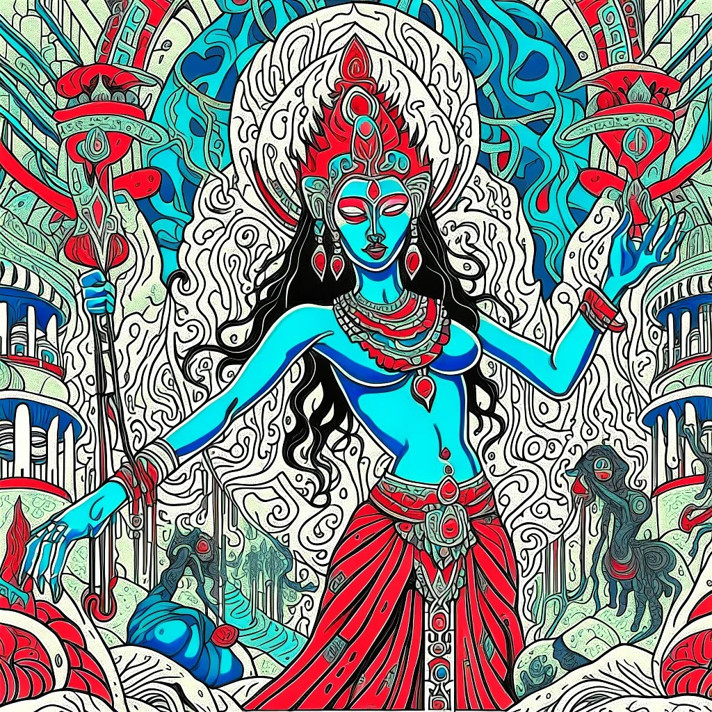 Kali on Acid intricate Hindu Maze, neo surrealism, by Gerald Scarfe, hypersurreal fantastical detailed 3D matte painting, deep color, intricate detail, splash screen, complementary colors, nightmare concept art, trending on DeviantArt.