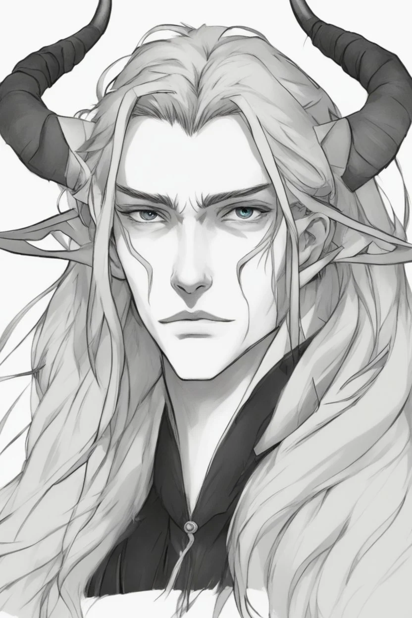 A dnd character portrait, a tiefling man with long hair and two black horns that curve backwards, white eyes and pale skin. Handsome. Young.