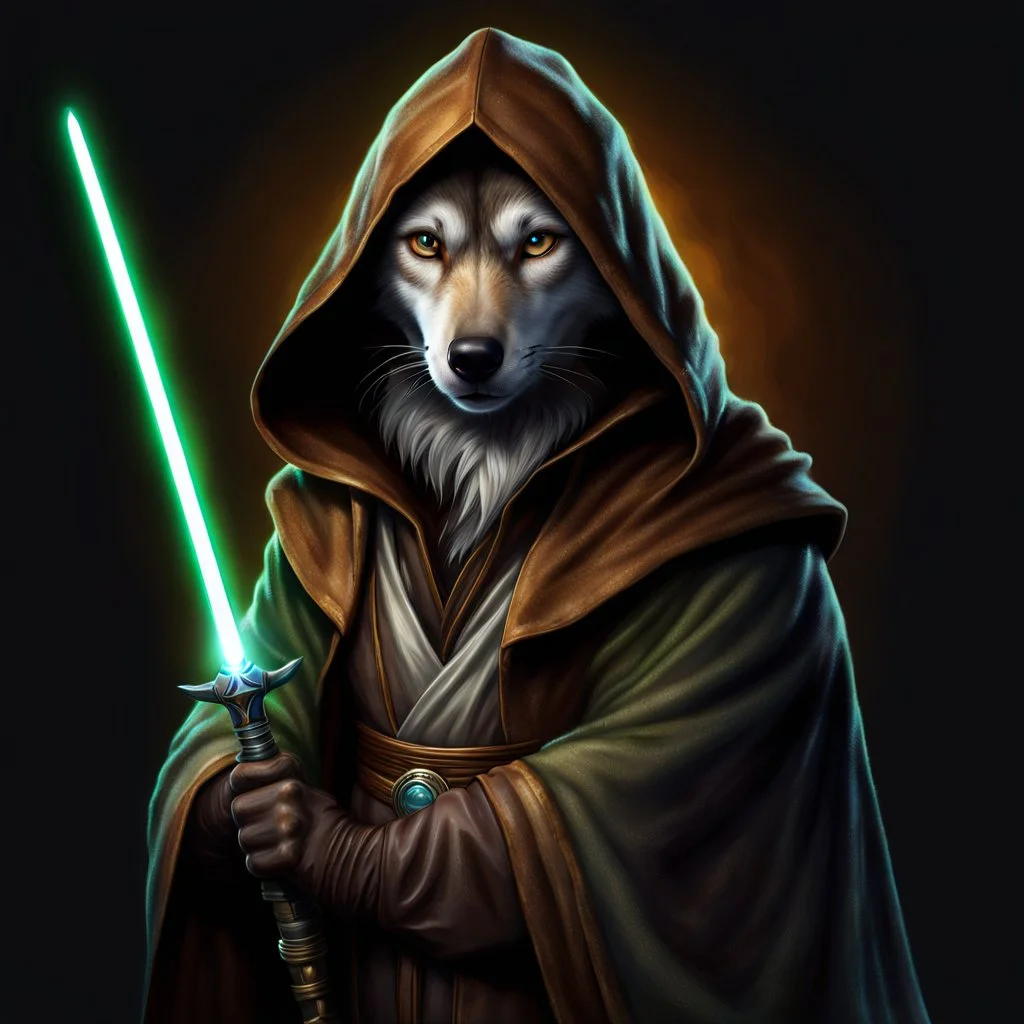 Retrato de un wolf Jedi con túnica y capucha, espada luminosa, cuerpo completo, calidad ultra, hiperdetallado, arte digital, 8k