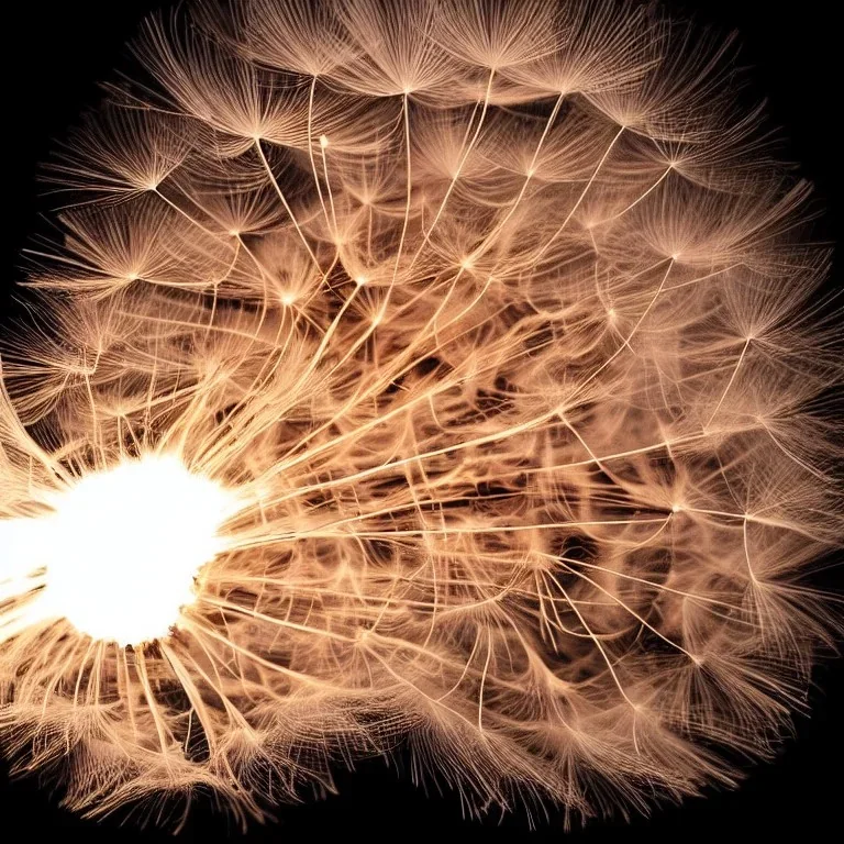 a fluffy dandelion on fire, with flying sparks around it, dreamlike minimalist art