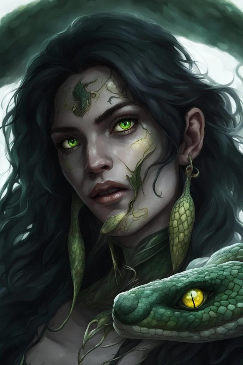 a snake human hybrid with green scales and yellow eyes