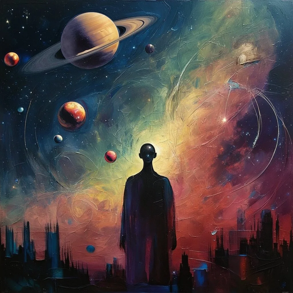 'The Space Time Continuum'. PS Text to Art AI. Prompt: Gazing into the cosmos, we find not stars, but the reflections of our own essence. smeary oil painting. short rough strokes in both directions. indistinct dark weird figure in silhouette. soft edges. geometric fine gossamer lines. floating spheres. Saturn spins off kilter. distant galaxy.