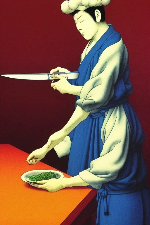 As three color image of a chef knife, by kawase hasui, moebius and edward hopper,gustave dore, colorful flat surreal design, hd, 8 k, artstation