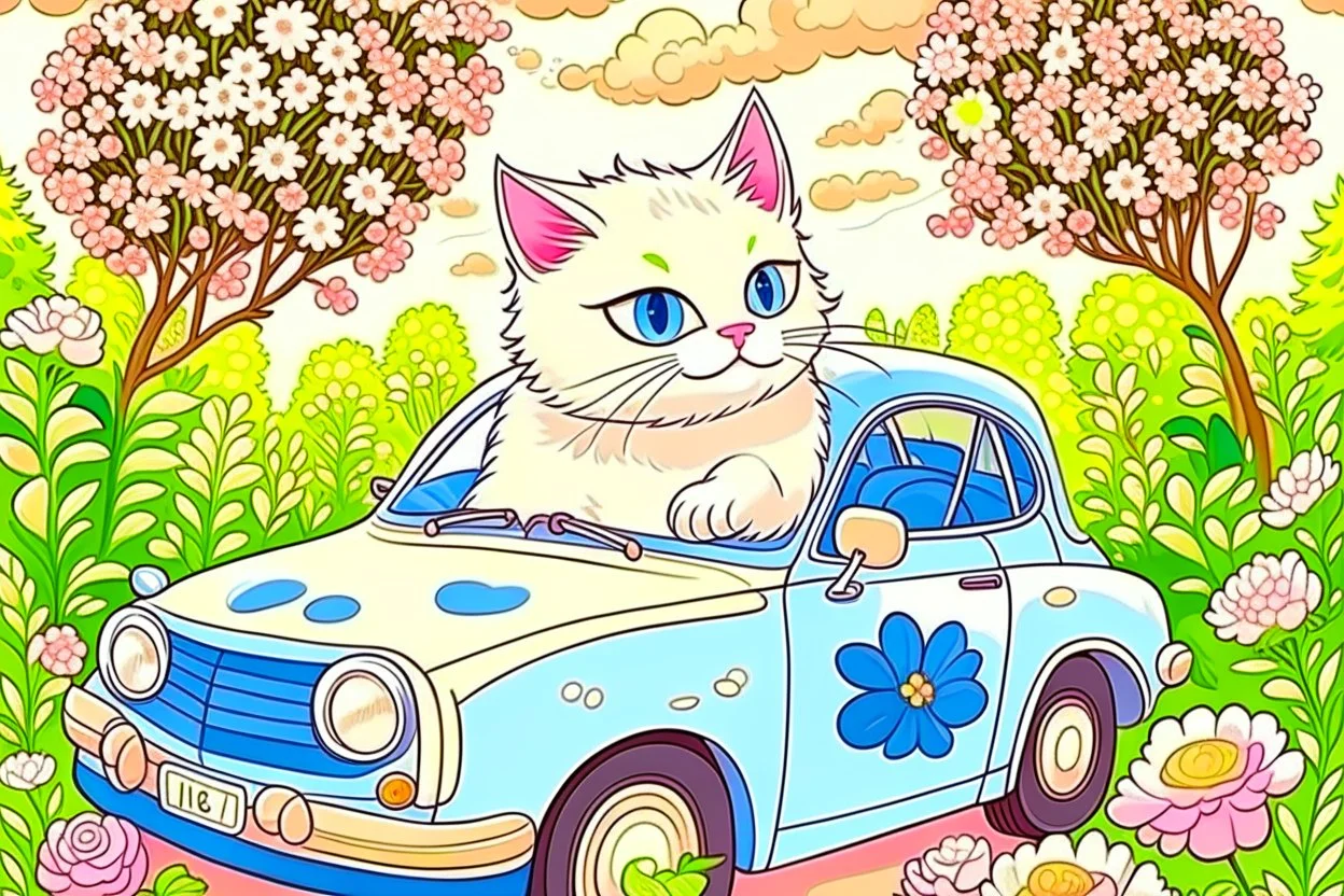a cute proud chibi fluffy beige cat driving a car made of flower buds: roses, forget-me-nots, hydrangeaes on a cobblestone road in a forest next to a pond in sunshine
