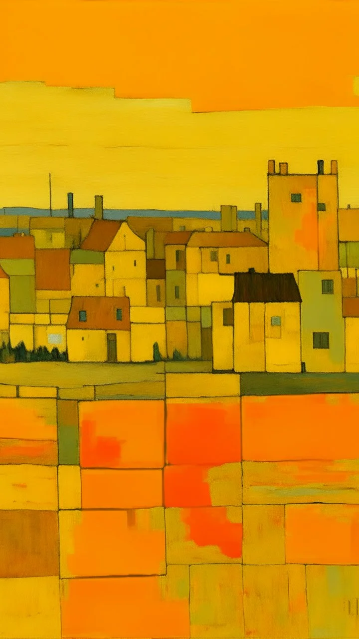 A small orangish yellow city near a field painted by Piet Mondrian