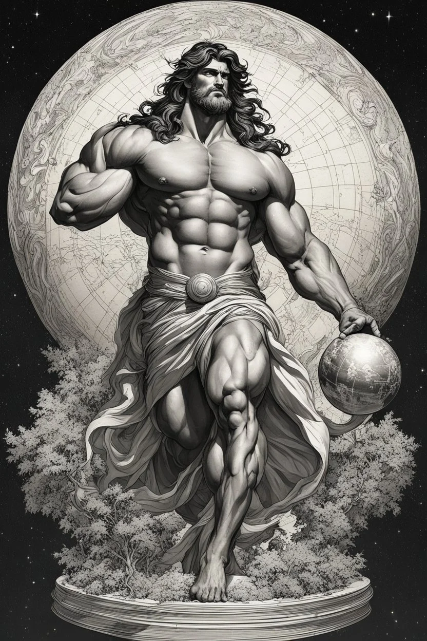 Digitize the sketched image of Atlas from Greek mythology, the character is portrayed as extremely muscular, holding up a massive celestial sphere, which is the Earth. The scene is dramatic, emphasizing the strain and power of Atlas. He has long hair and a rugged, classical appearance befitting a mythological titan. His attire is minimal, resembling ancient Greek garments. Please exclude any signatures or artist autographs from the image. The artwork should be in a hyper-realistic style, capturi